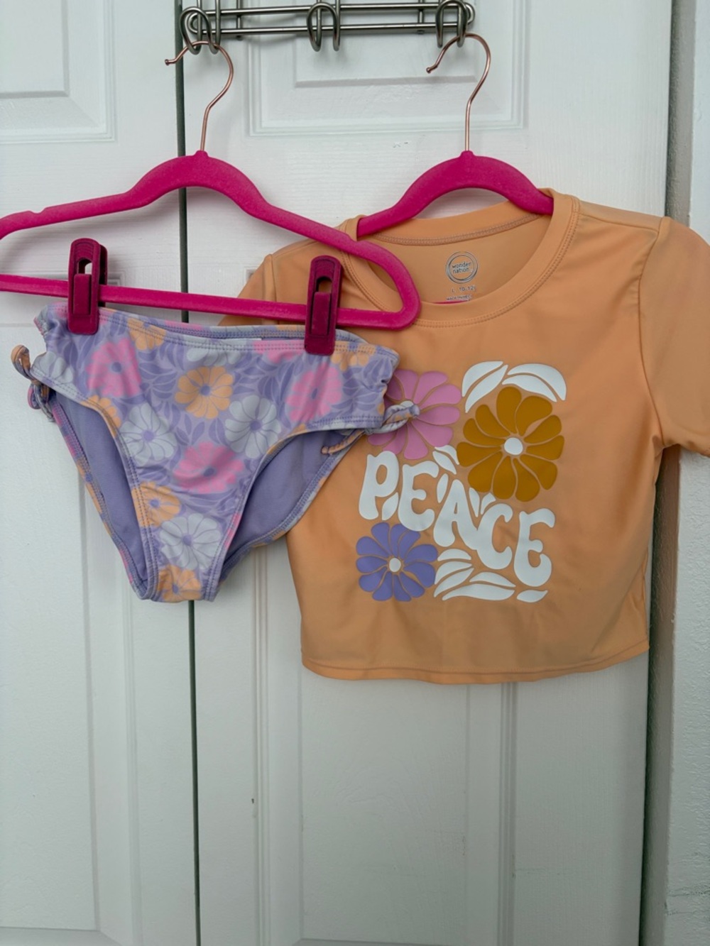 Girls 'Peace' Floral Rash Guard Set - Peach Top & Lavender Floral Bottoms